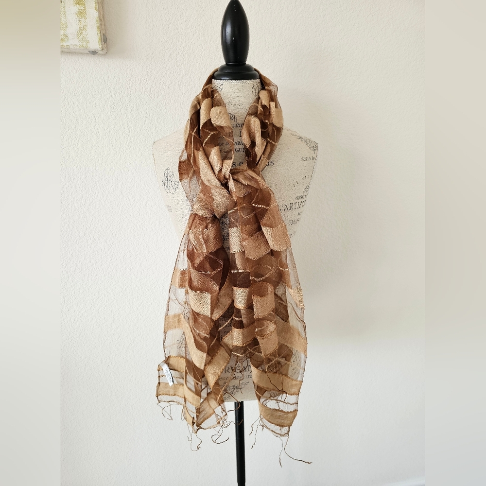 Collection XIIX Silk Blend Striped Scarf Bronze & Copper Sheer Lightweight Wrap